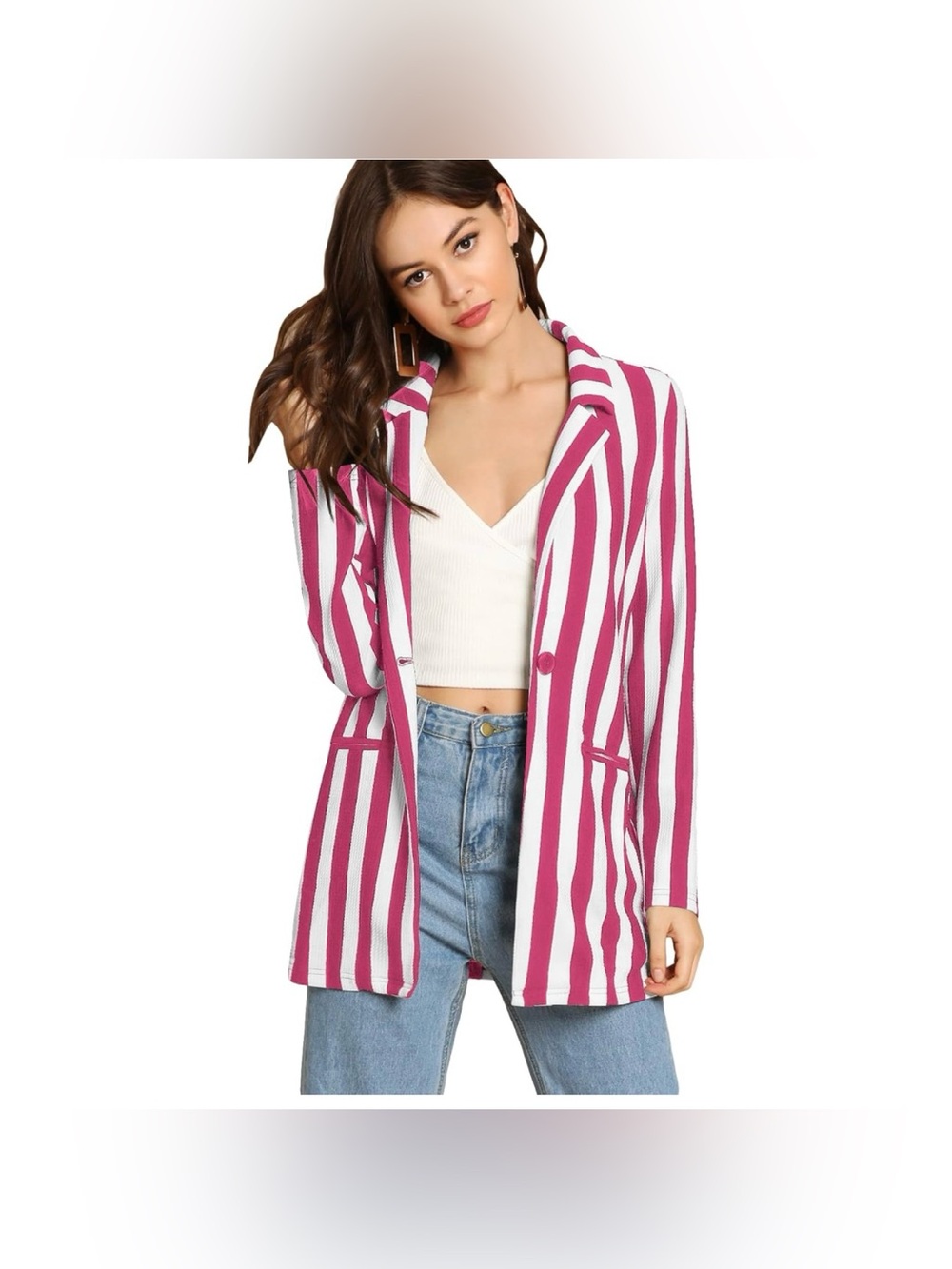 Casual Open Front Striped Blazer jacket. Pink and white